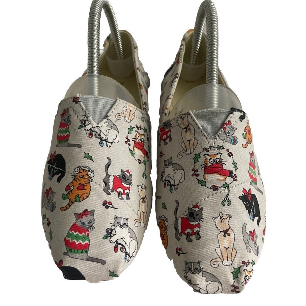 TOMS Belmont Holiday CATS Slip On Shoes Light Grey Women's Size 7.5 Loafers
